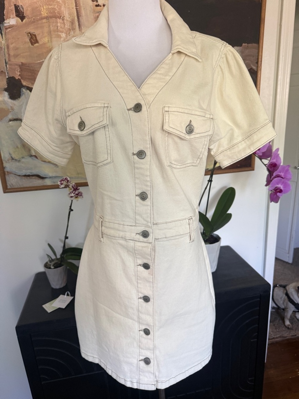 Cream Button-Front Short Sleeve Denim Shirt Dress